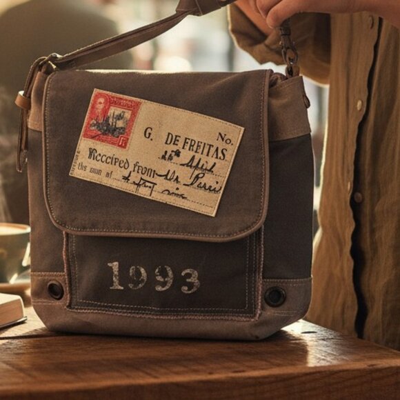 Chloe & Lex Cotton + Leather Crossbody Bag – Vintage Stamp Design - Picture 1 of 15